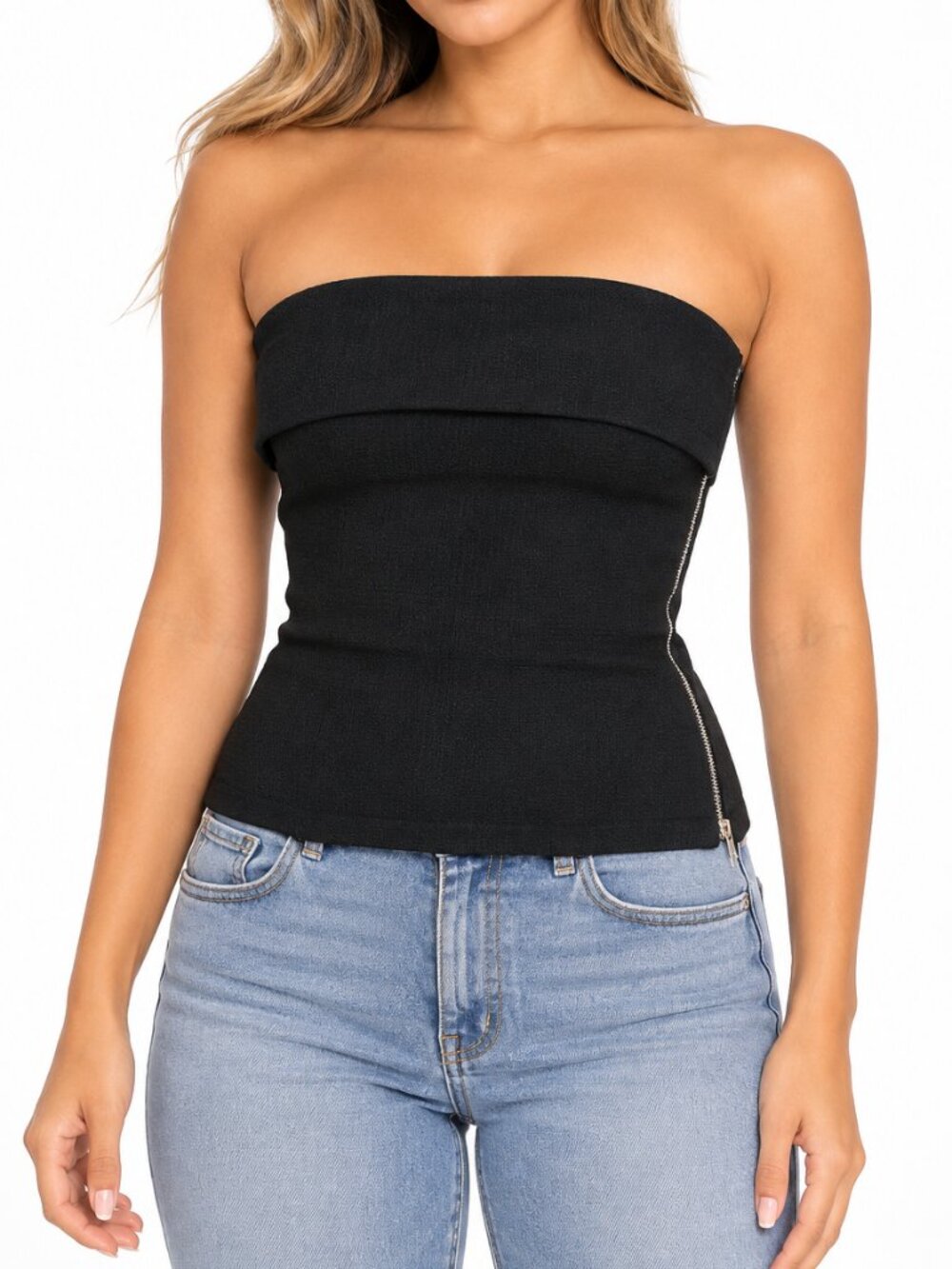 Black Strapless Tube Top Side Zip Textured Corset Style Top